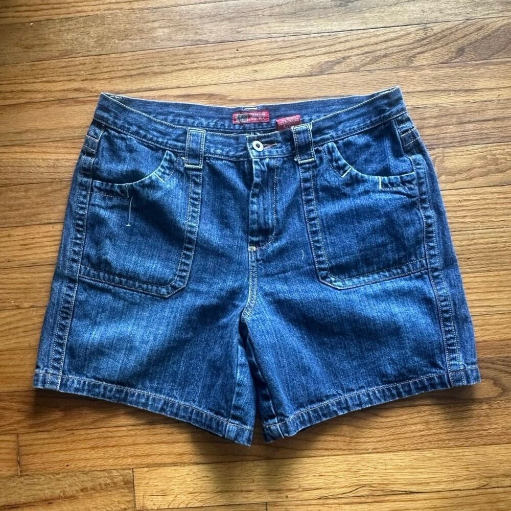Faded Glory Dark Wash Denim Shorts 12 Patch Pocket Casual Retro Style